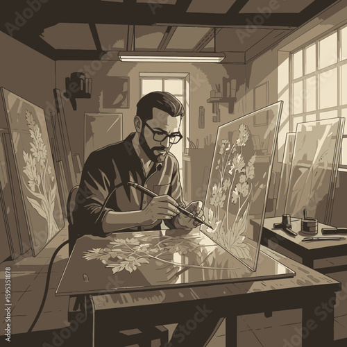 A focused artist meticulously works on a botanical design on a transparent surface in a well-lit workshop.