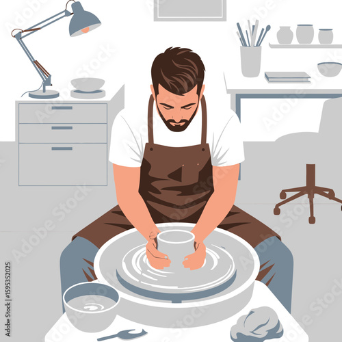 A potter working on a pottery wheel, shaping clay into a vessel.