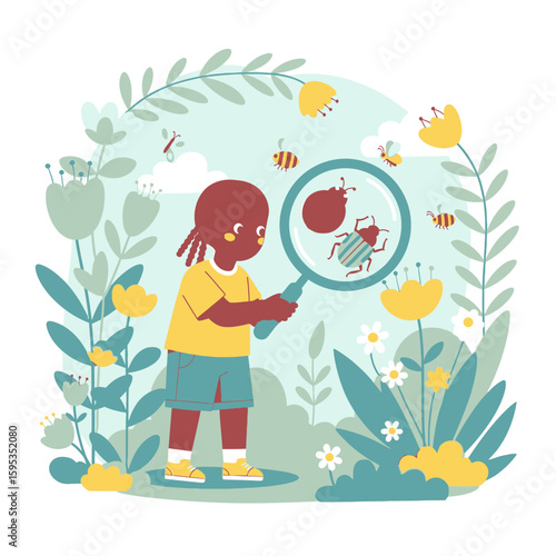 A child with dreadlocks uses a magnifying glass to observe beetles among flowers and bees in a whimsical garden setting.