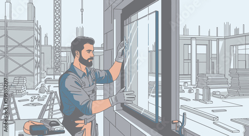 A construction worker installs a window pane at a building site.