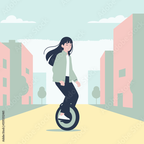 A woman rides a unicycle down a city street with buildings and trees in the background.
