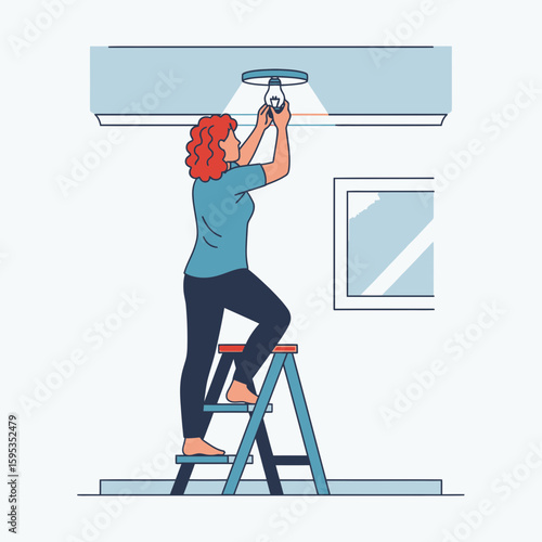 A woman on a stepladder replacing a lightbulb in a room with a window.