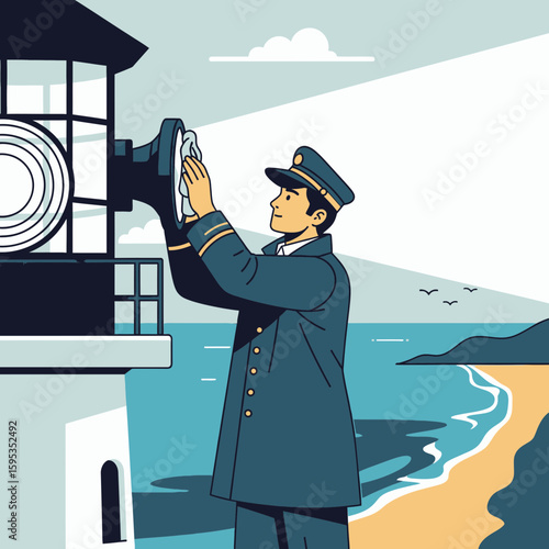 A lighthouse keeper cleans the light on a tower by the sea on a sunny day.