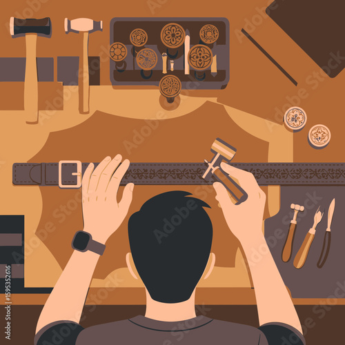 Leather craftsman meticulously crafting a belt, surrounded by tools and leather.