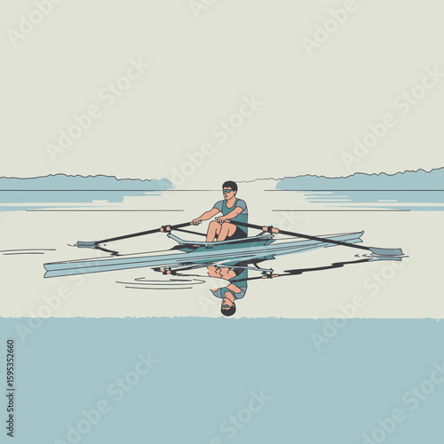 A man rowing a boat on a calm lake, with a mirrored reflection.