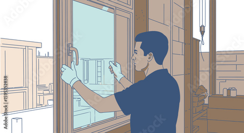 A person wearing gloves installing a window pane in a building.