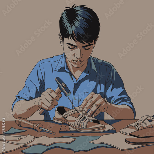 A young shoemaker carefully crafts a leather sandal using a hammer and tools at his workbench.