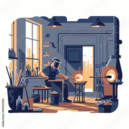 Glassblower working with molten glass in a workshop, wearing protective gear, shaping the material.