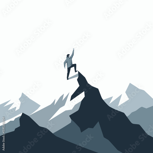 A man, dressed in casual clothing, ascends a challenging mountain peak, symbolizing determination and overcoming obstacles.