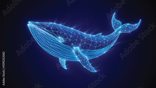 Blue digital wireframe whale swimming in dark blue starry background geometric