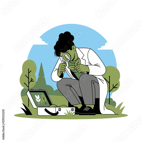 A botanist examines a plant leaf with a magnifying glass outdoors, near a case.