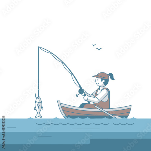 A woman in a boat fishing and catching a fish with a fishing rod, on the water.