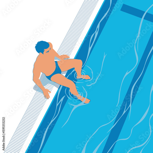 A man sits at the edge of a swimming pool, partially submerged in the water.