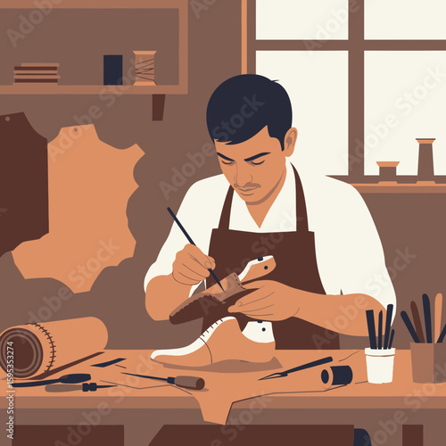 A shoemaker intently works on a shoe, meticulously crafting it with care and precision.