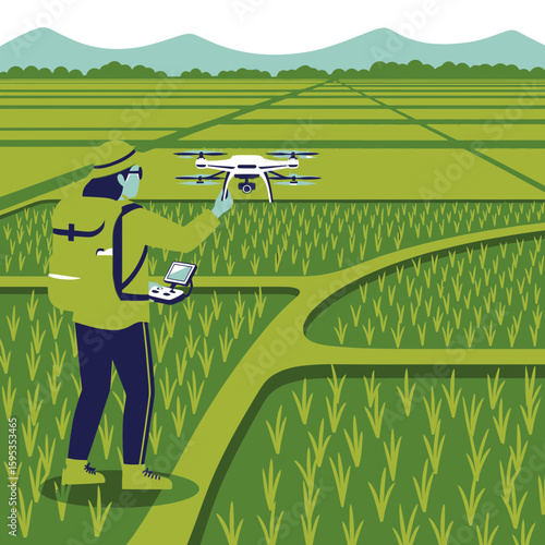 A person with a backpack controls a drone over a rice field.