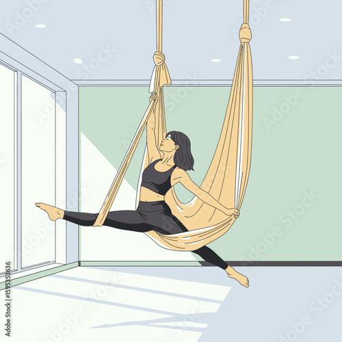A woman practices aerial yoga, performing a split in a beige hammock suspended from the ceiling.