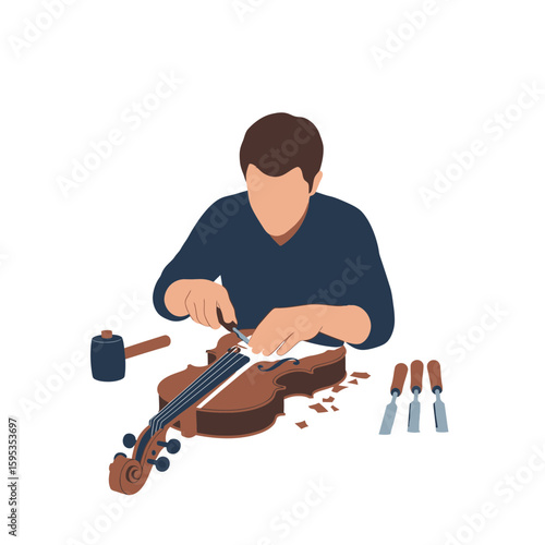 A craftsman carves a violin with chisels and a mallet, shaping the wood.