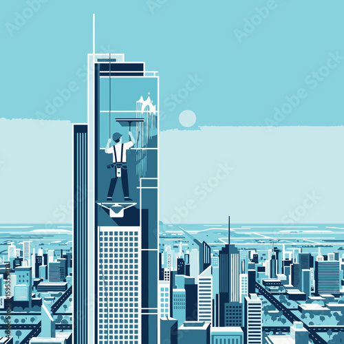 A worker cleans a skyscraper's glass facade high above a cityscape.