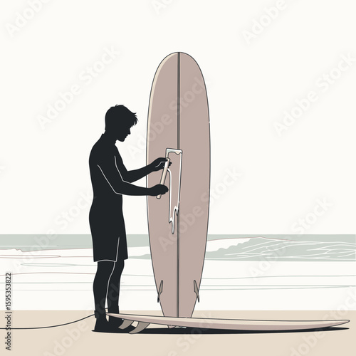 Silhouette of a man preparing his surfboard on a beach, attaching a leash before going into the ocean.