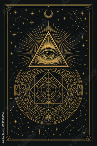 Illuminati Symbol with All-Seeing Eye—Masonic Triangle, Occult Mystic Design, Vintage Esoteric Illustration