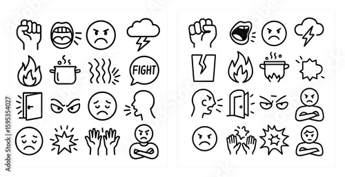 Two sets of angry faces, one set with the word Fight written underneath them, and the other set with the word Fight written underneath them. The angry faces are depicted as fighting