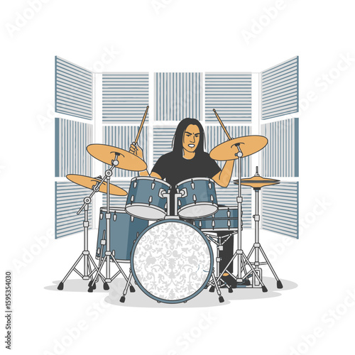 A drummer plays a drum kit in a recording studio with soundproofing panels on the walls.