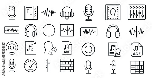 Collection of icons for music and audio recording. The icons include a microphone, headphones, a music note, a CD, and a paper. Scene is that of a creative and artistic space for music and recording
