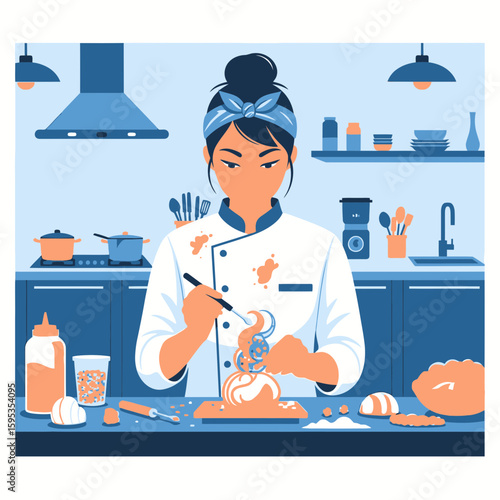 A female chef meticulously decorates a dessert in her kitchen, showcasing culinary artistry and precision.