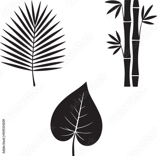 Tropical plant icon collection a121.eps, featuring silhouette designs of a palm frond, bamboo stalks, and a broad leaf.