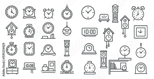 Collection of clocks and timepieces in various shapes and sizes. The clocks are all lined up in a row, with some of them being larger than others. Scene is one of organization and order
