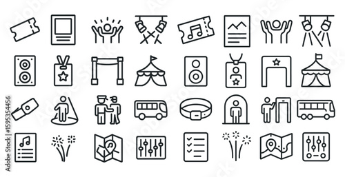 Collection of icons for various events and activities, including a bus, a tent, a microphone, and a book