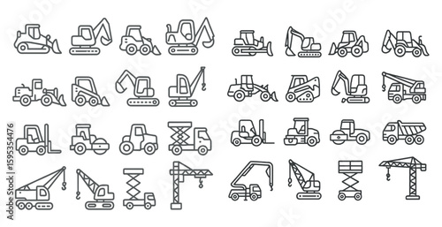 Collection of construction vehicles in a line. The vehicles include a crane, a forklift, a backhoe, and a dump truck