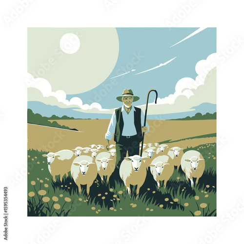 A pastoral scene depicts a shepherd leading a flock of sheep across a grassy field under a pale sky.