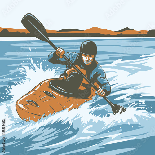 A kayaker paddles vigorously through choppy water, propelling forward.