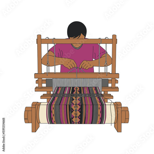 A person using a loom to weave a colorful textile.