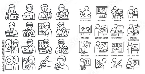Series of people in various professions, including a painter, a graphic designer, and a video editor