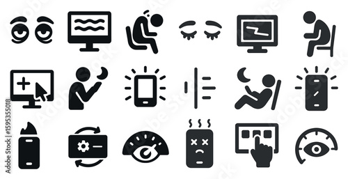 Collection of icons depicting various activities and emotions. Some of the icons include a person looking at a computer screen, a person holding a cell phone, a person sitting in a chair