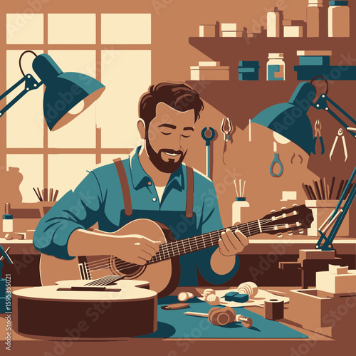 A craftsman meticulously repairs a guitar in his well-equipped workshop.