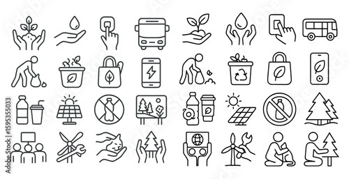 Collection of icons for various environmental issues. The icons include a person holding a bag, a person holding a cell phone, a person holding a bus, a person holding a tree, a person holding a cup
