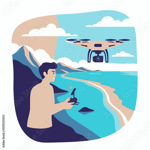 Man operating a drone capturing scenic coastal landscape.