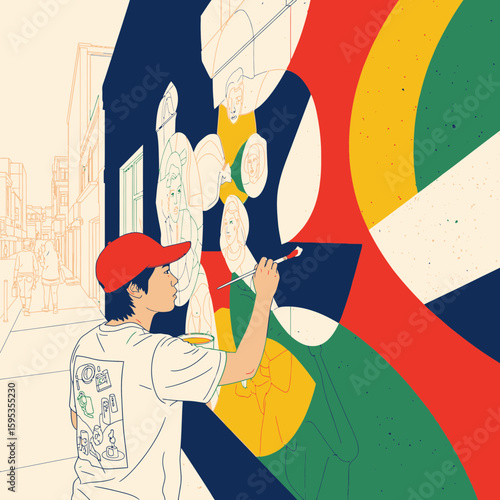 Artist painting a colorful mural on a building wall in a city street, wearing a red cap.