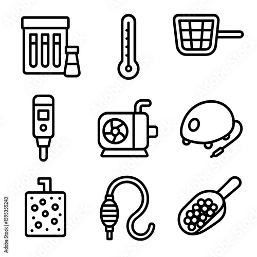 Filter sponge aquaponics cyrillic icons typography tools set vector uniform icon water