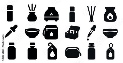 Collection of various items related to personal care and beauty. The items include bottles, bowls, and spoons