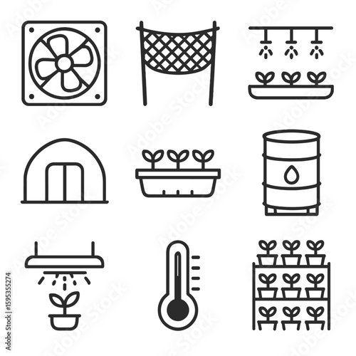 Ventilation equipment vector icons text characters grid light punctuation aquaponics icon detailed