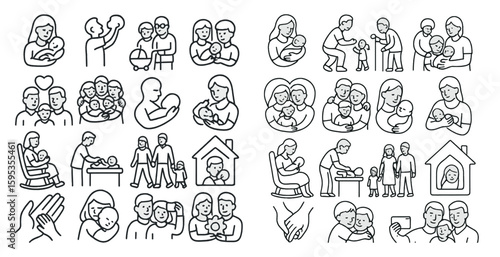 Series of images depicting various family moments, including a man holding a baby, a woman holding a baby, and a family sitting around a table
