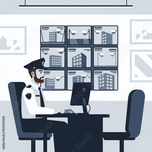 Security guard monitoring multiple building surveillance feeds on a computer in a modern security room.