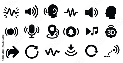 Collection of icons for various audio and video functions. The icons include a microphone, a speaker, a music note, a 3D symbol, and a button. Scene is that of a multimedia experience