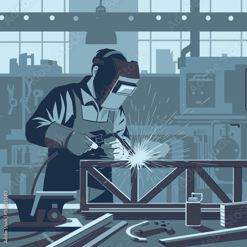 A skilled welder in a workshop, focusing on metalwork with sparks flying.