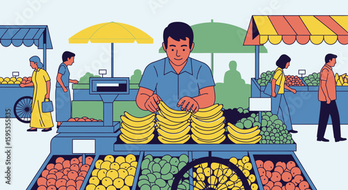 A vendor arranging bananas on a market stall, surrounded by customers and other vendors.
