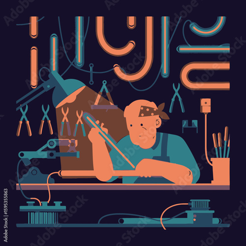 An artisan works at a workbench, crafting glass with tools under a lamp, surrounded by pipes and equipment.